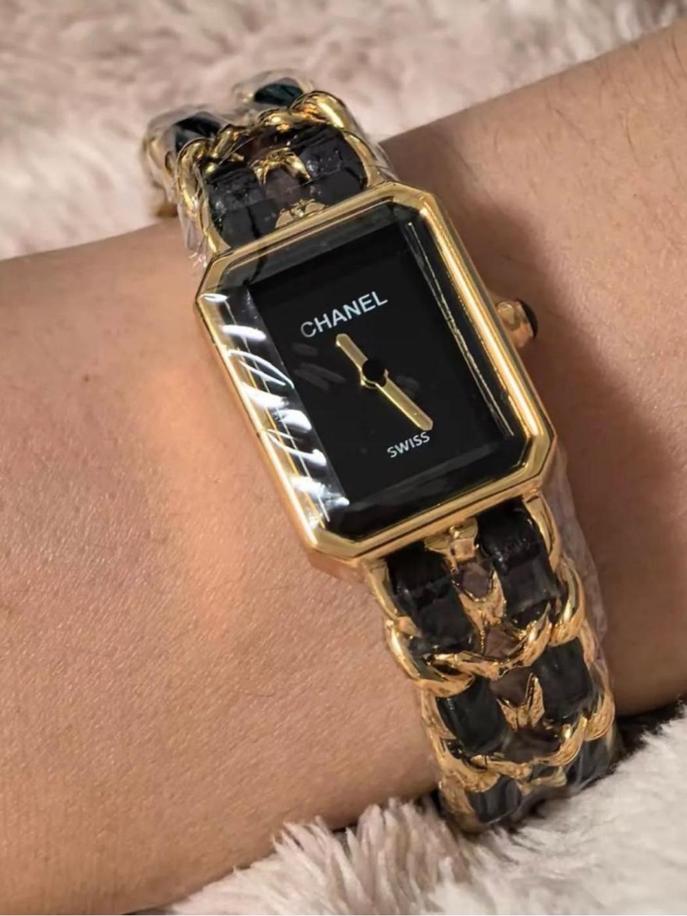 Black and Gold Rectangular Link Bracelet Watch